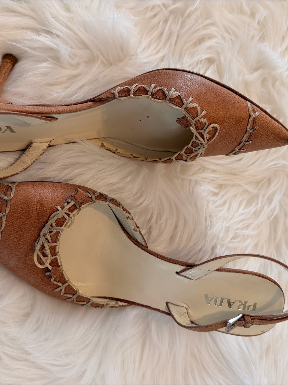 Prada Tan Leather Pointed Slingback Pumps with Contrast Whipstitch